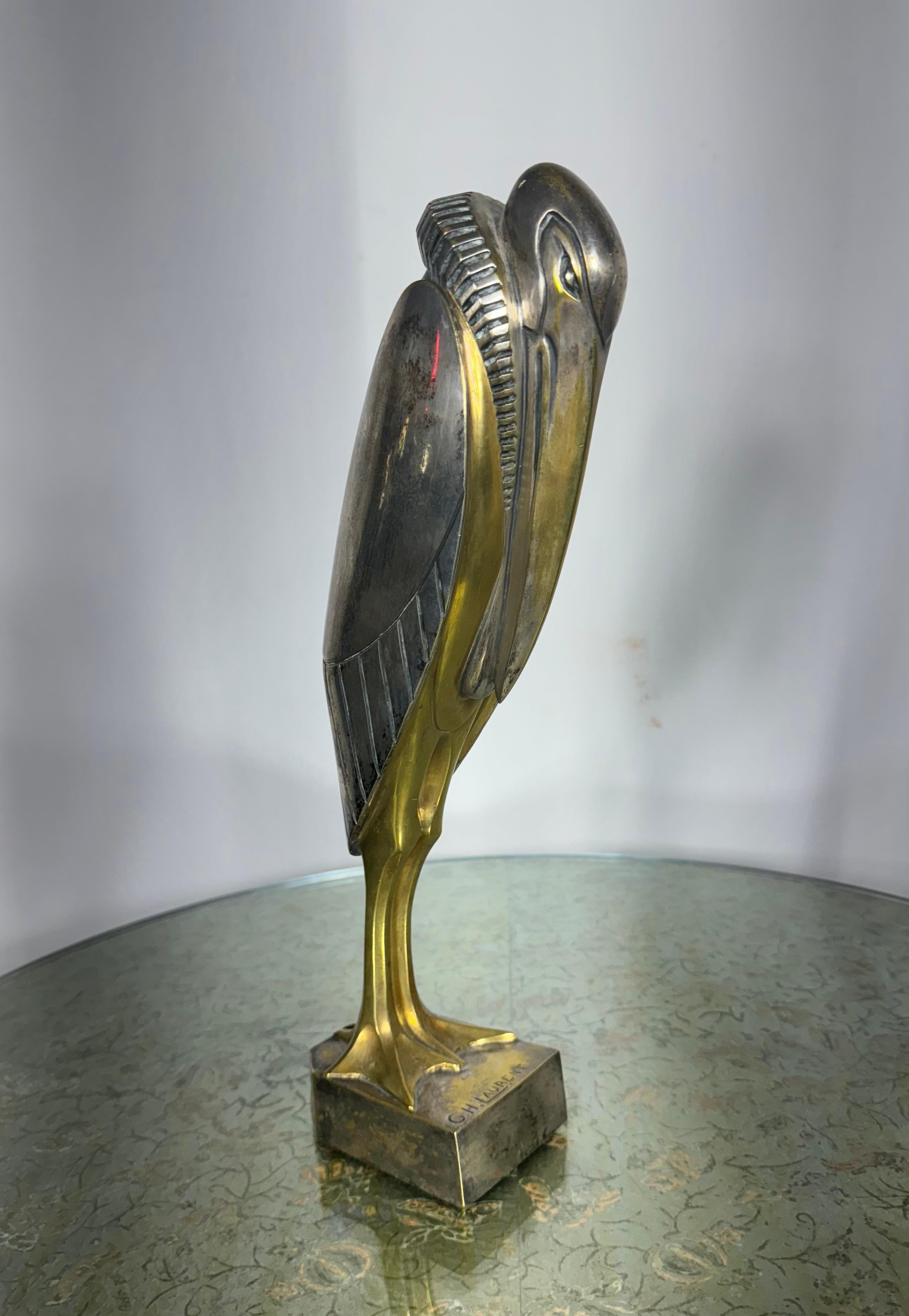Calco G. H. Laurent (francese) 1920 Art Deco a due toni con un airone stilizzato in bronzo in vendita