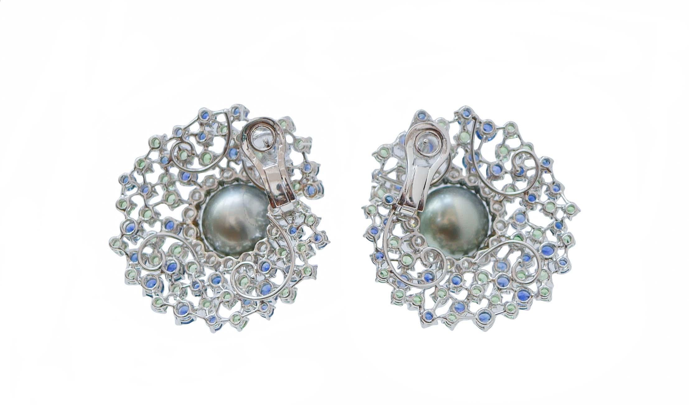 Retro G/H  VVS Diamonds, Blue Sapphires, Tsavorites, Pearls, 18Kt White Gold Earrings For Sale