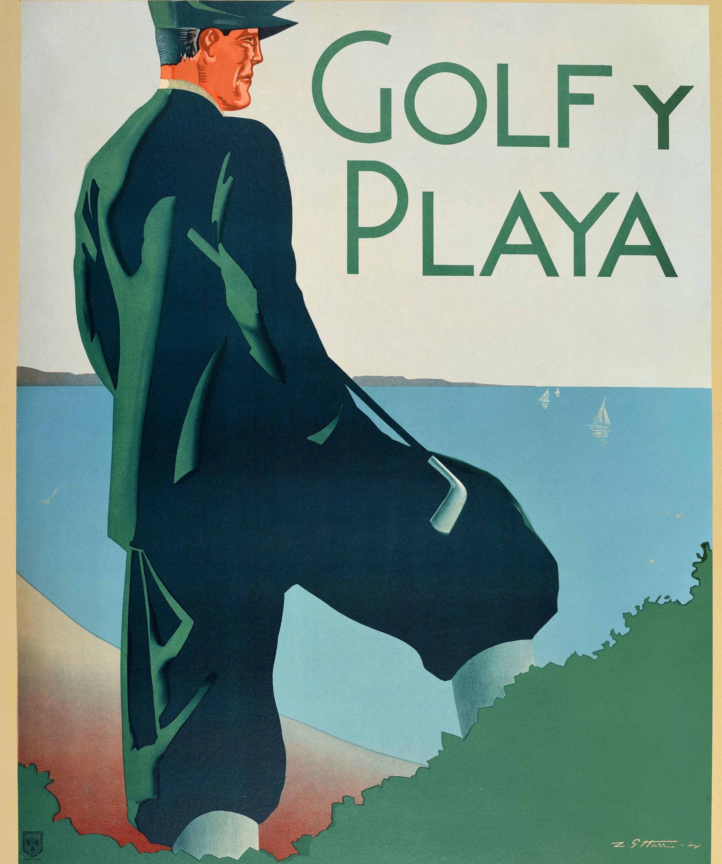 Original Vintage-Reiseplakat Golf Y Playa Miramar Strand Resort Argentinien Sport (Blau), Print, von G. Harris