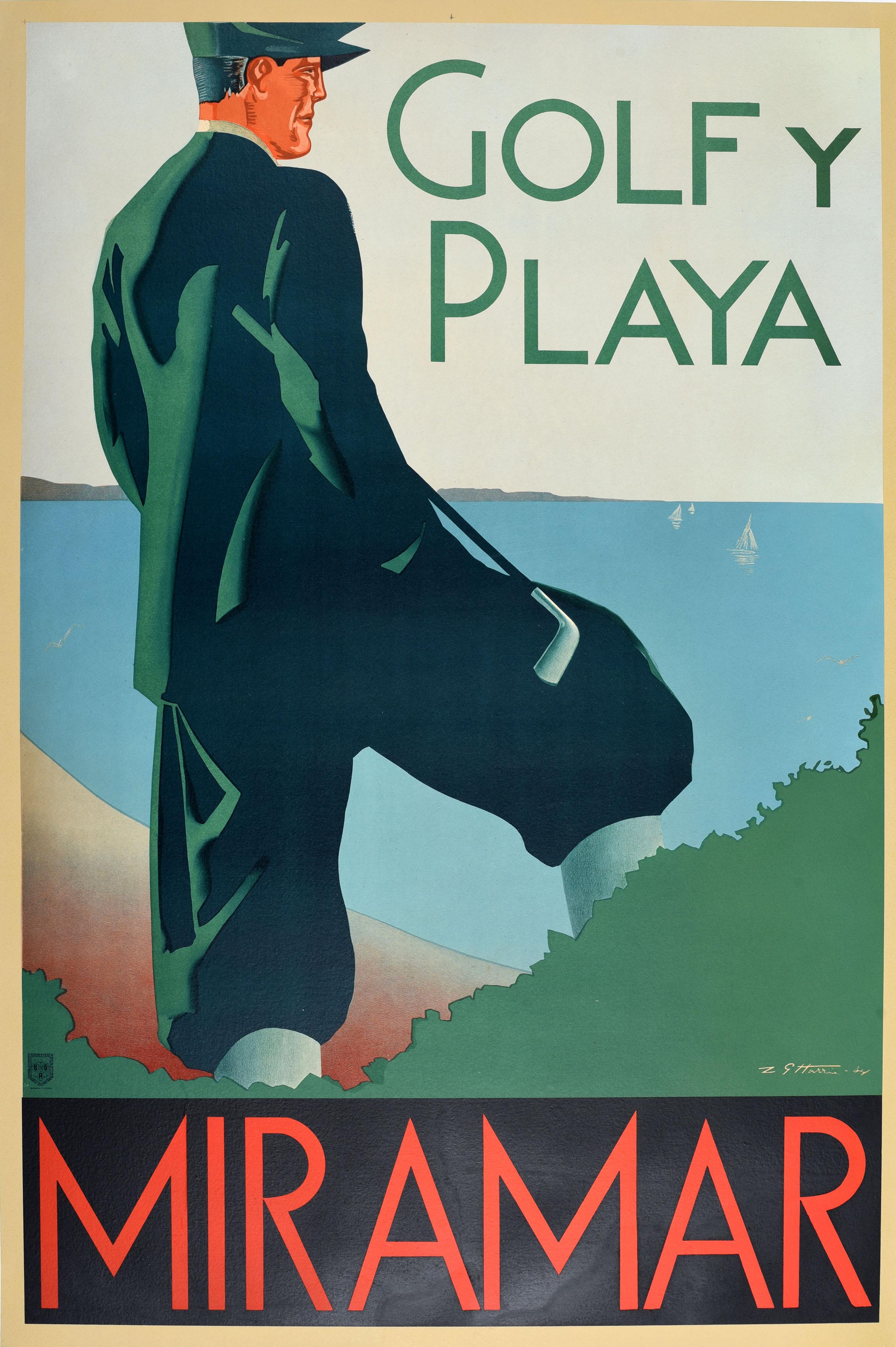 G. Harris Print - Original Vintage Travel Poster Golf Y Playa Miramar Beach Resort Argentina Sport