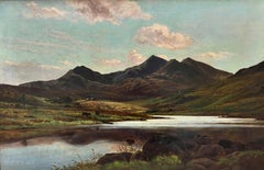 Fine Large Victorian Welsh Mountain Lake Scene Cattle Grazing Original Large Oil