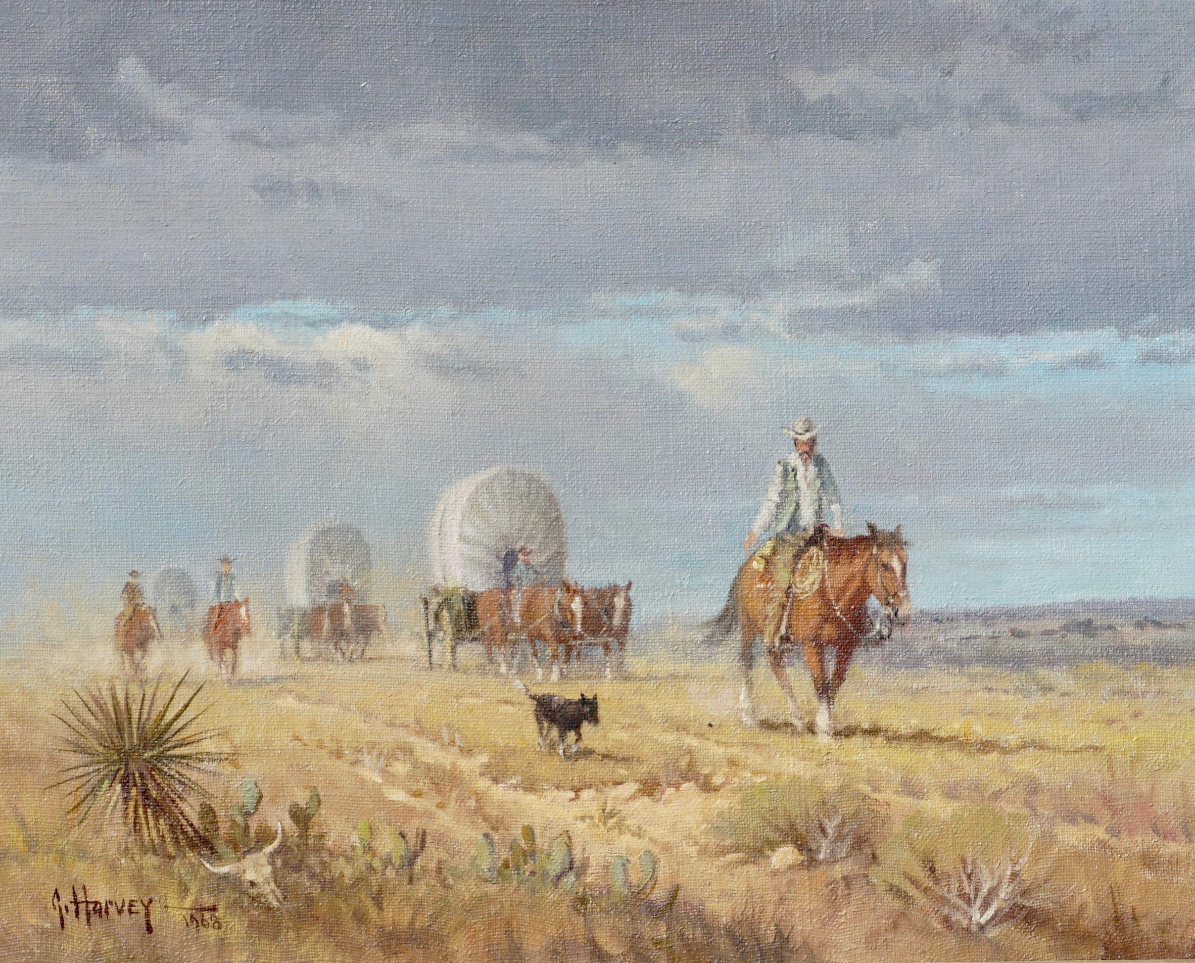 G. Harvey (Gerald Harvey Jones) (1933-2017) “Crossing The Texas Plains”

Everything you could want in a G. Harvey painting! This western painting depicts a crossing of cowboys riding horses alongside wagons kicking up dust among the cactus and