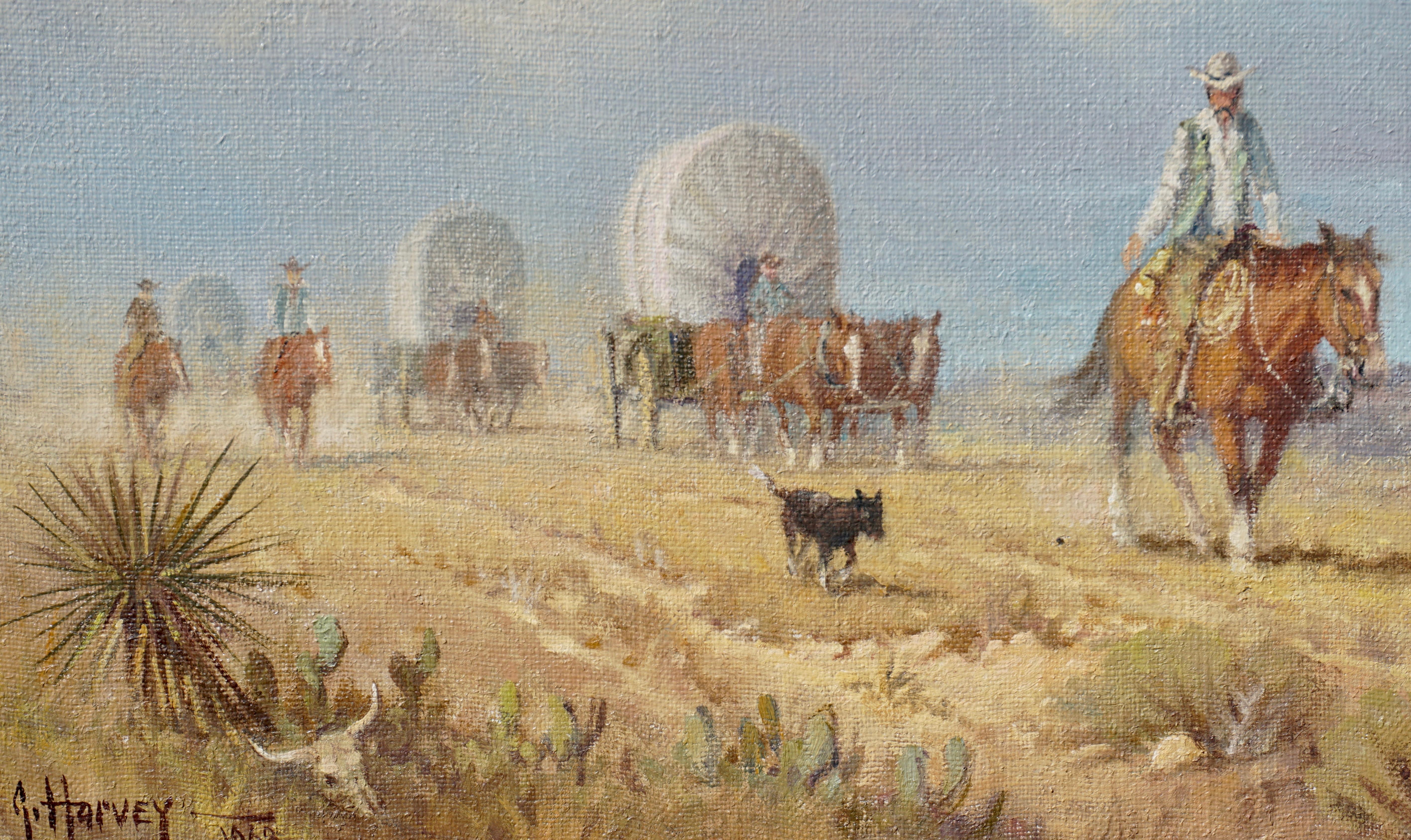 American Craftsman G. Harvey Cowboys “Crossing the Texas Plains”  Early Painting 1968