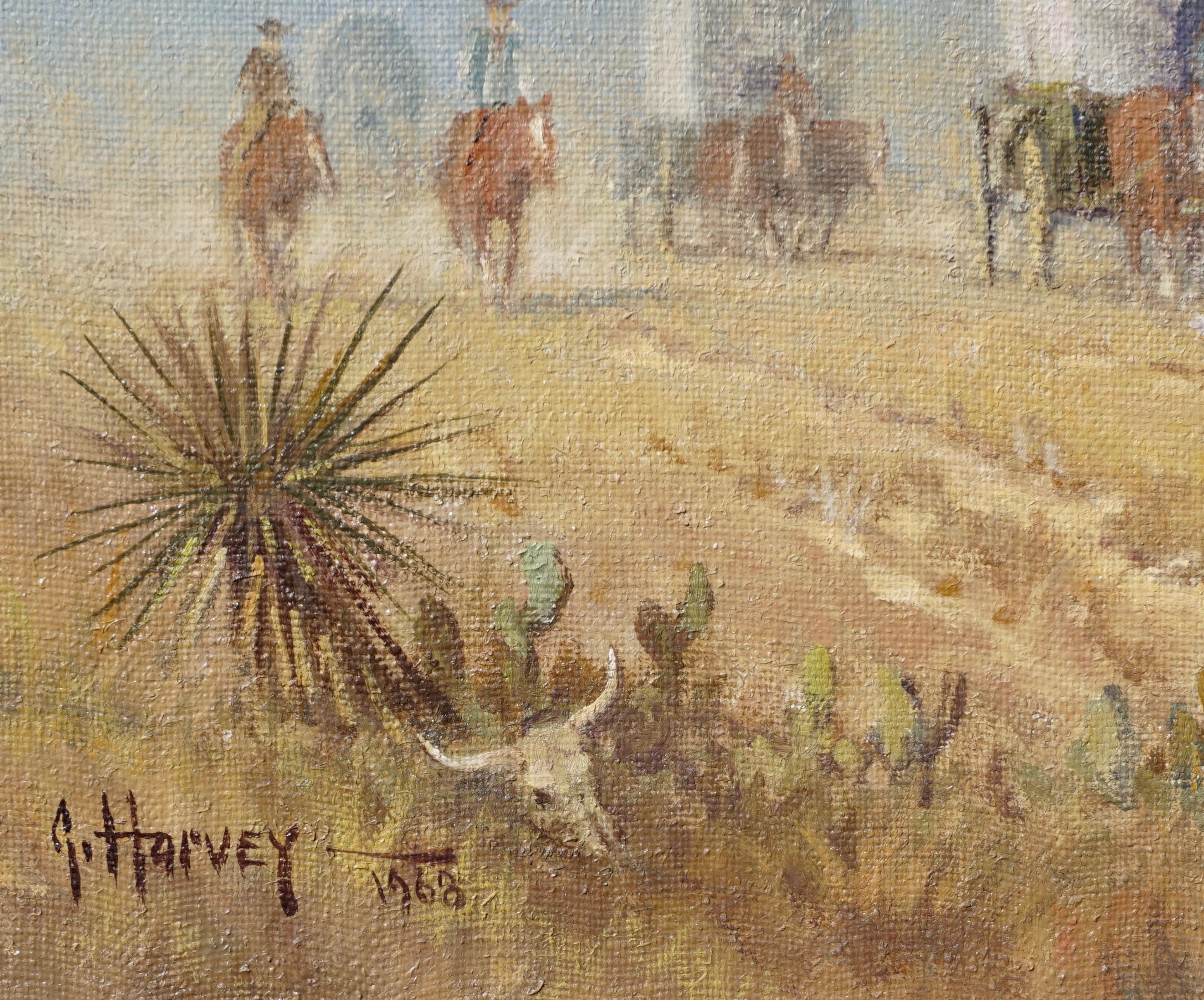 Hand-Painted G. Harvey Cowboys “Crossing the Texas Plains”  Early Painting 1968