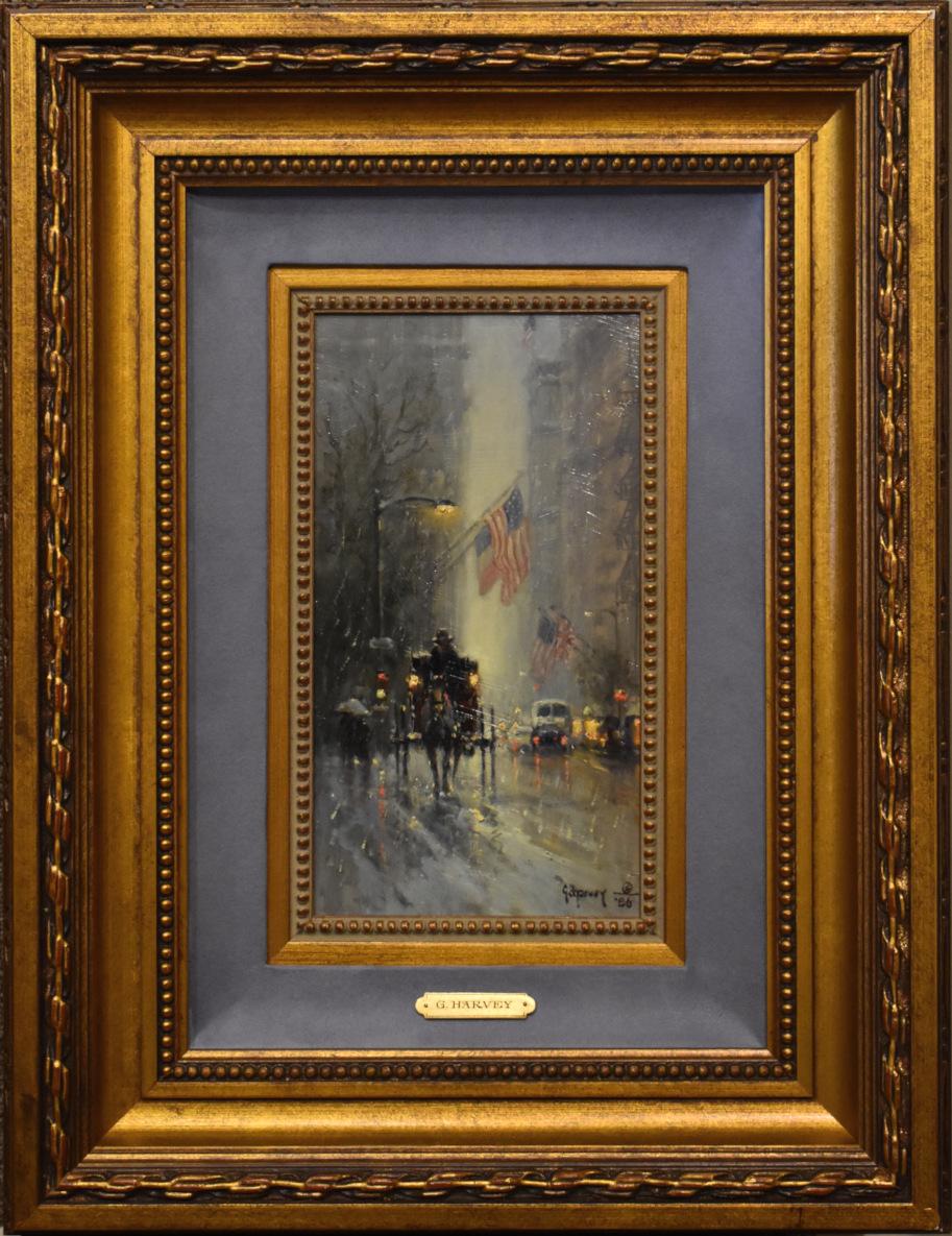 G. Harvey Figurative Painting - " NEW YORK " G. HARVEY STREET SCENE STUNNING SMALL PAINTING 1986 Frame: 21  x 16