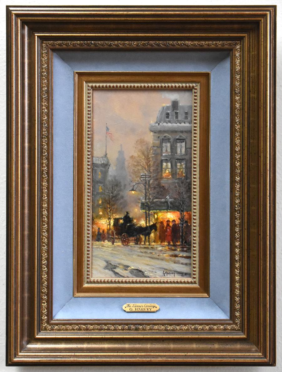 G. Harvey Landscape Painting - " THE DINNER CARRIAGE " G. HARVEY STREET SCENE STUNNING SMALL PAINTING