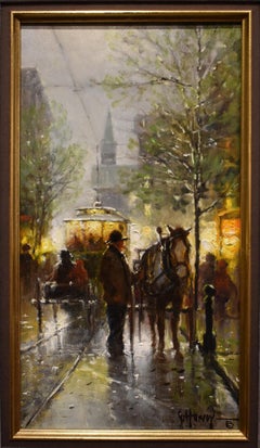 " TROLLEYS & STEEPLES " G. HARVEY STREET SCENE STUNNING SMALL PAINTING