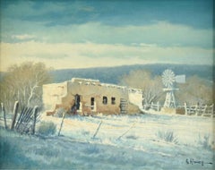 "ADOBE IN SNOW" G. HARVEY (1933-2017) WINTER SNOW SCENE WINDMILL 25 X 29 FRAMED