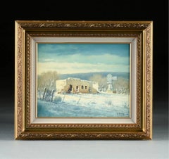 "ADOBE IN SNOW" G. HARVEY (1933-2017) WINTER SNOW SCENE WINDMILL 25 X 29 FRAMED