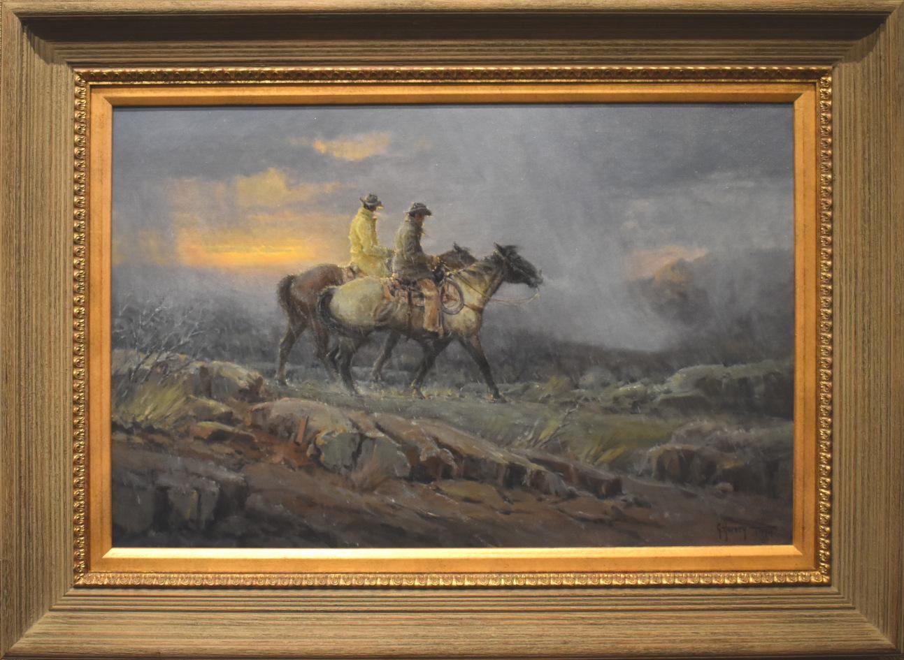 "BLOWIN' IN" WESTERN G. HARVEY GEMÄLDE 28 X 38 RAHMENGRÖSSE DATIERT 1974