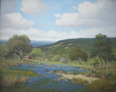 "Bluebonnet Ranch"  TEXAS HILL COUNTRY PAINTING Windmill, Shack, Fenceline