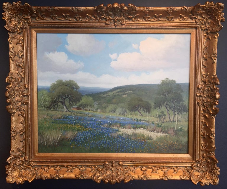 G. Harvey Landscape Painting - "Bluebonnet Ranch"  TEXAS HILL COUNTRY PAINTING Windmill, Shack, Fenceline