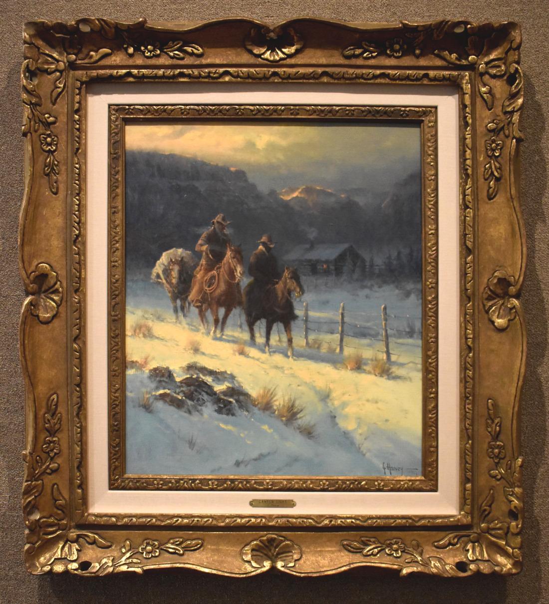 G. Harvey Landscape Painting - "CANYON LIGHT" TEXAS WESTERN LANDSCAPE COWBOYS HORSES SNOW 24 x 20 IMAGE SIZE