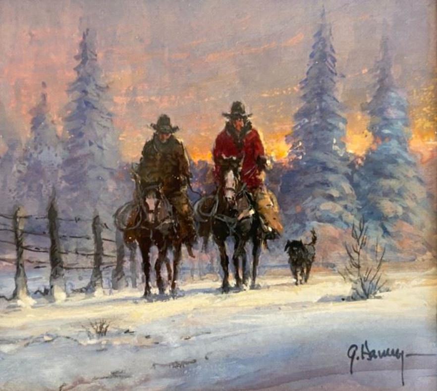 G. Harvey Landscape Painting - "Cold Day with the Dog" Snow Scene Cowboys on Horseback Riding  w/dog  4" x 4.5"