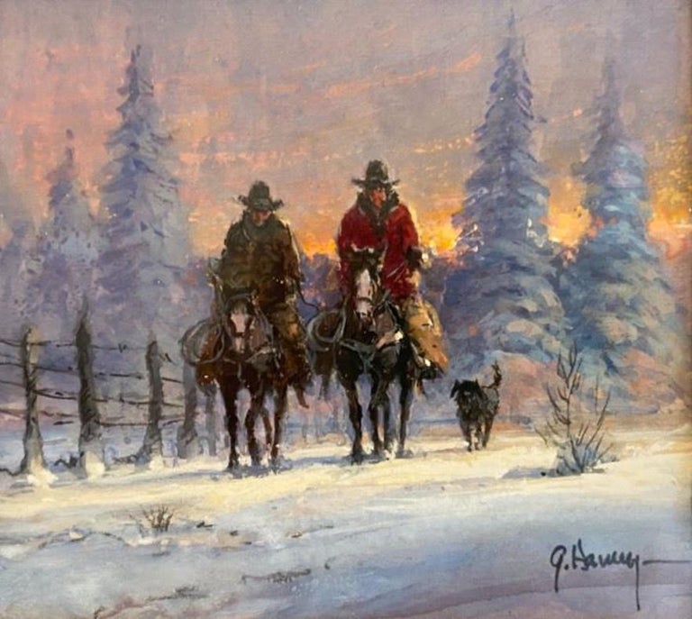 G. Harvey - Cold Day with the Dog Snow Scene Cowboys on Horseback Riding  w/dog 4 x 4.5
