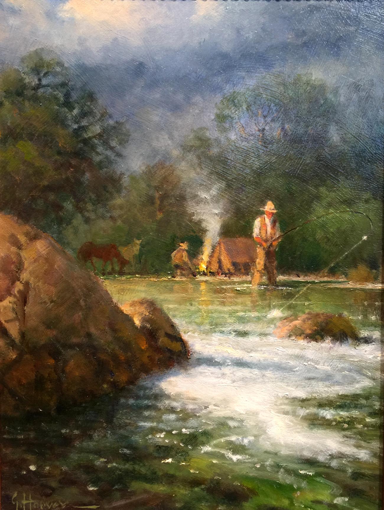 G. Harvey - Cowboy Camping Fly Fishing at 1stDibs  fly fishing paintings,  g harvey paintings, cowboy fishing