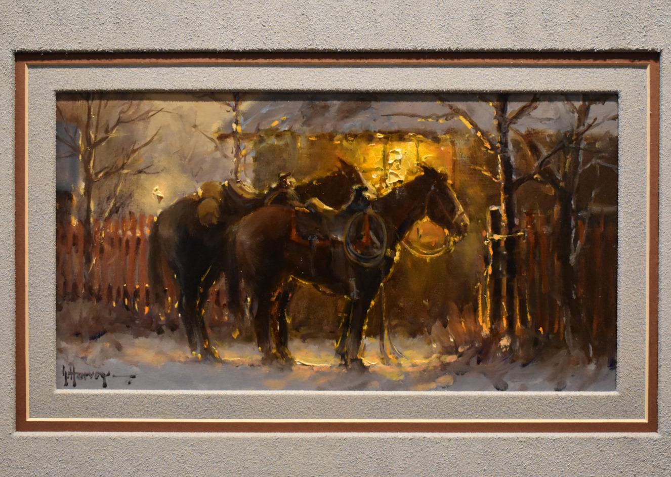 "COWPONIES" G. HARVEY (1933-2017) SNOW SCENE HORSES CABIN W / LIGHT STREAMING