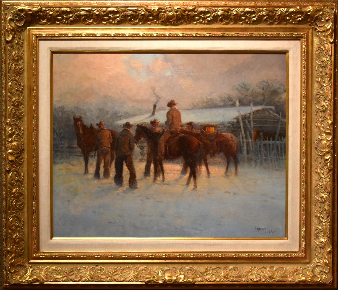 G. Harvey Landscape Painting - 'EARLY TO RISE" TEXAS WESTERN LANDSCAPE COWBOYS HORSES SNOW