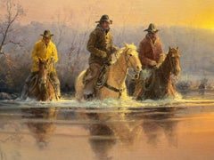 "FORDING AT DUSK" COWBOYS, CAVALIERE, INCROCIO DI FIUME TELAIO 44 X 62 G. Harvey