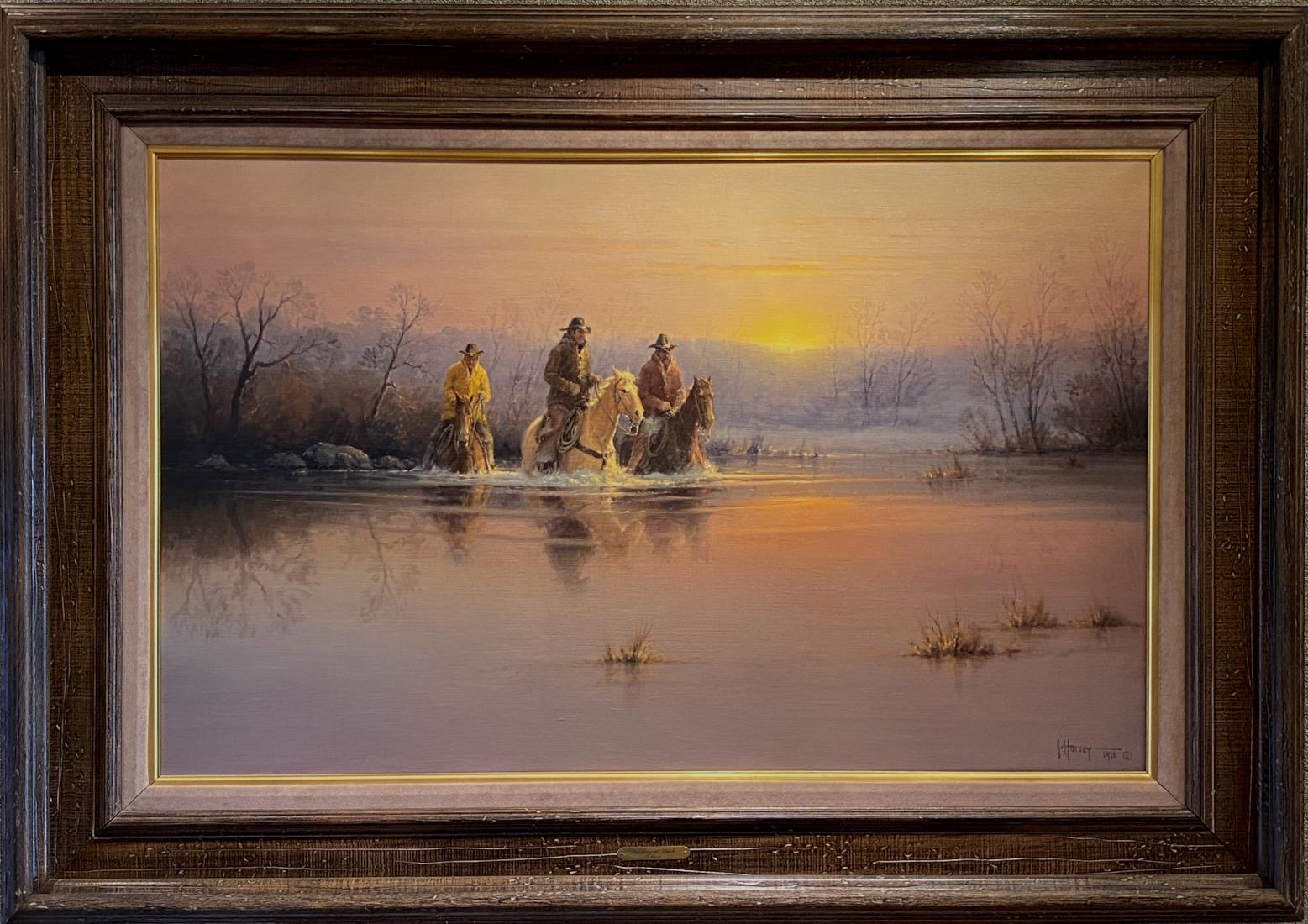 G. Harvey Landscape Painting - "FORDING AT DUSK"  COWBOYS, HORSEBACK, RIVER CROSSING, LIGHT, FRAMED 44 X 62 