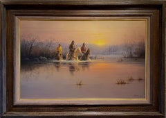 "FORDING AT DUSK" COWBOYS, HORSEBACK, RIVER CROSSING, LIGHT, FRAMED 44 X 62
