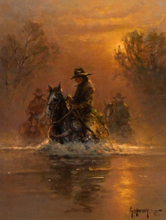 G. Harvey "Early Morning Crossing" Western Snow Scene, Horse Cowboys 26x22 frame