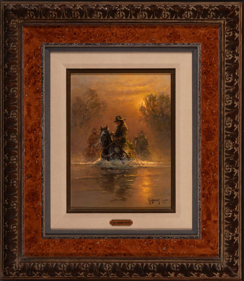 G. Harvey (Gerald Harvey Jones)
(1933-2017)
San Antonio, Austin, and Fredericksburg Artist
Image Size: 12 x 9
Frame Size: 24 x 21
Medium: Oil on Board
Dated 2006
"Early Morning Crossing"
 Mr. Gerald Harvey Jones died Nov. 13, 2017.  
BIO.  G. Harvey