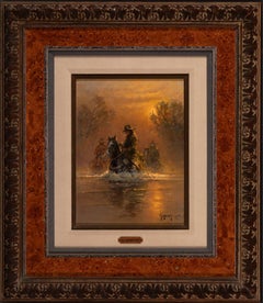 G. Harvey "Early Morning Crossing" Western Snow Scene, Horse Cowboys 26x22 frame