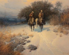 G. Harvey "The New Filly" Western Snow Scene, Cowboys, Horses 36 x 42 framed