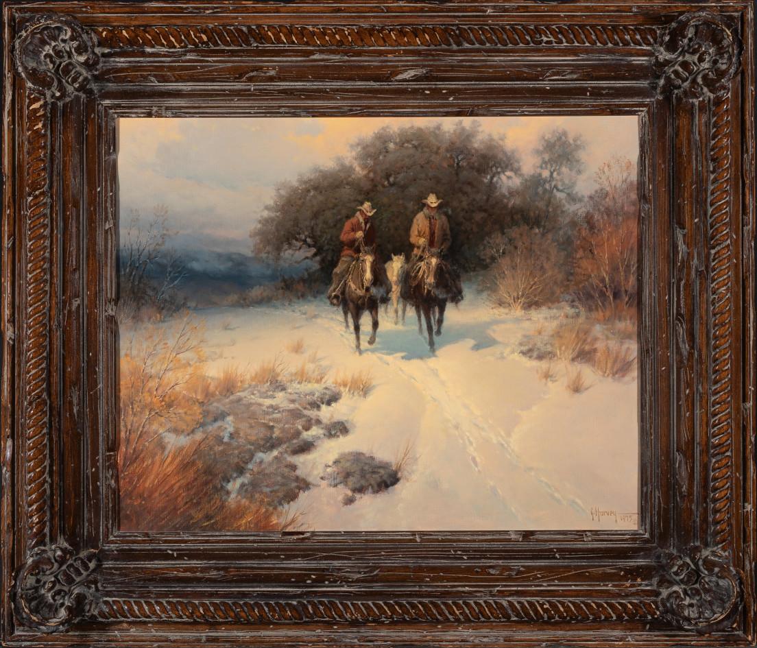 G. Harvey (Gerald Harvey Jones)
(1933-2017)
San Antonio, Austin, and Fredericksburg Artist
Image Size: 24 x 30
Frame Size: 36 x 42
Medium: Oil on Canvas
1975
"The New Filly"
 Mr. Gerald Harvey Jones died Nov. 13, 2017.  
BIO.  G. Harvey (Gerald