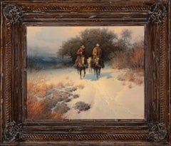 G. Harvey "The New Filly" Western Snow Scene, Cowboys, Horses 36 x 42 framed