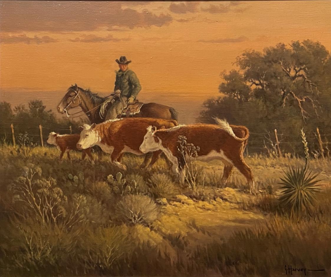 « GATHERING STRAYS » G. HARVEY, GERALD JONES WESTERN COWBOYS HEREFORD CATTLE  PLUS - Impressionnisme Painting par G. Harvey
