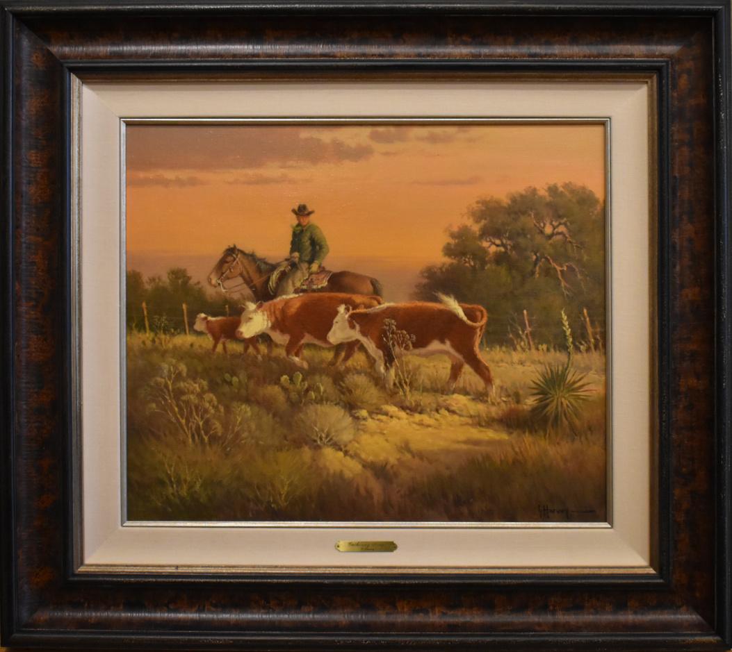 « GATHERING STRAYS » G. HARVEY, GERALD JONES WESTERN COWBOYS HEREFORD CATTLE  PLUS - Marron Landscape Painting par G. Harvey