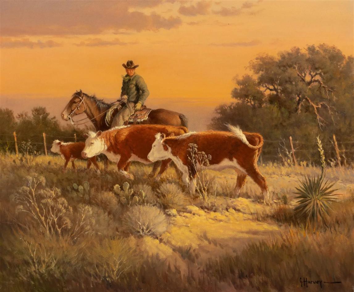 G. Harvey Landscape Painting - "GATHERING STRAYS" G. HARVEY, GERALD JONES WESTERN COWBOYS HEREFORD CATTLE  MORE
