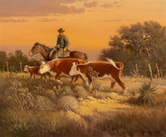 Antique "GATHERING STRAYS" G. HARVEY, GERALD JONES WESTERN COWBOYS HEREFORD CATTLE  MORE