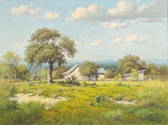 "HACIENDA BLANCA"  TEXAS HILLCOUNTRY WILDFLOWER LANDSCAPE FARMHOUSE FRAME 39X49