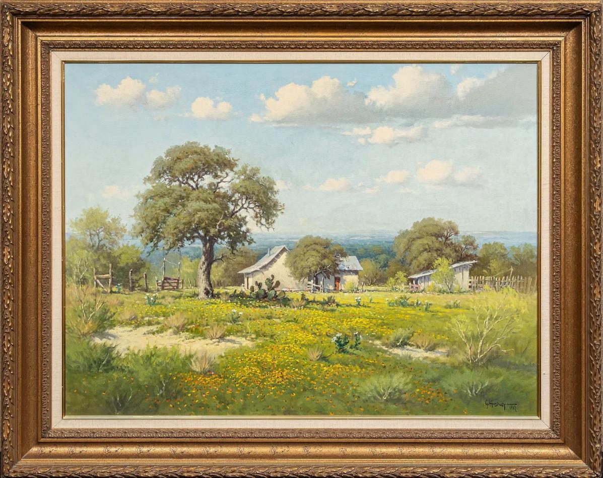 G. Harvey Landscape Painting – "HACIENDA BLANCA"  TEXAS HILLCOUNTRY WILDBLUMEN LANDSCHAFT BAUERNHAUS RAHMEN 39X49