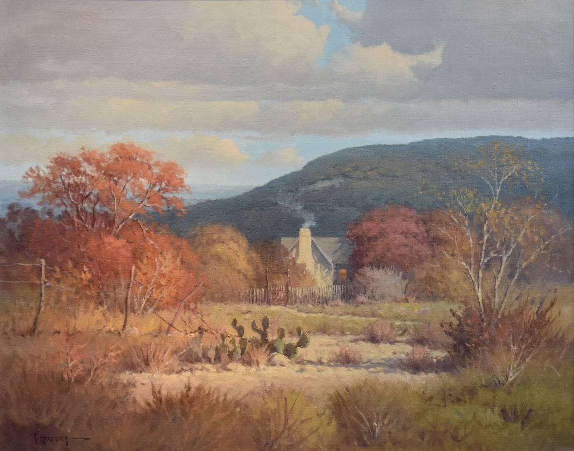 G. Harvey Landscape Painting - "La Quinta"  Country Home.  Texas Hill Country in Autumn  Fall Colors