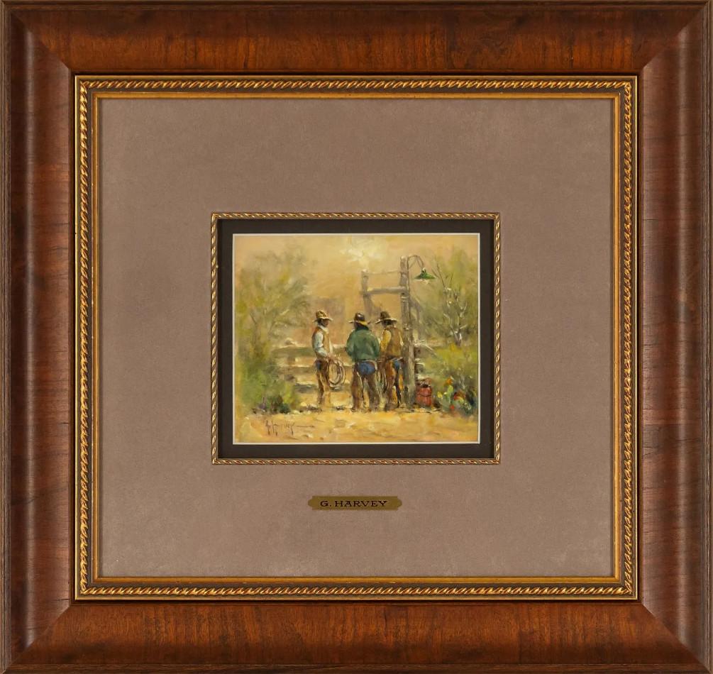 «MARKET ANALYST » G. HARVEY WESTERN GERALD JONES COWBOYS CORRAL  18 x 19 ENCADRÉ - Painting de G. Harvey