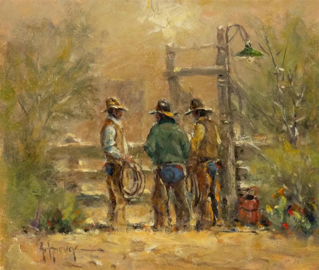 Landscape Painting G. Harvey - «MARKET ANALYST » G. HARVEY WESTERN GERALD JONES COWBOYS CORRAL  18 x 19 ENCADRÉ