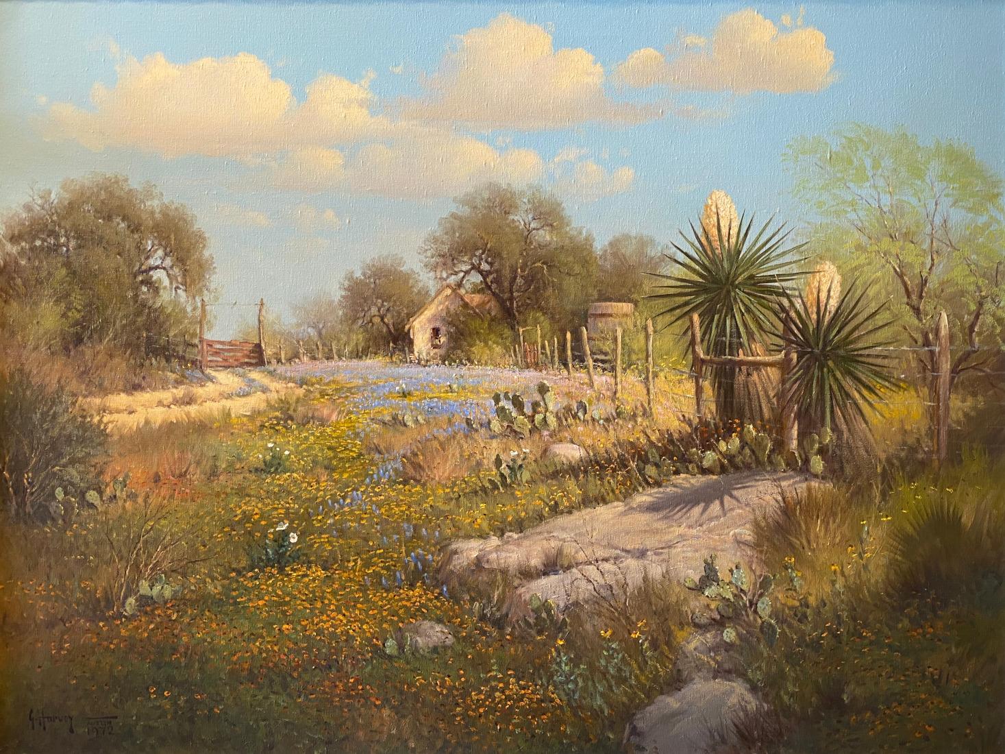 G. Harvey Landscape Painting - "MEMORIES" TEXAS HILL COUNTRY BLUEBONNET, FARM HOUSE, CISTERN 30 X 40