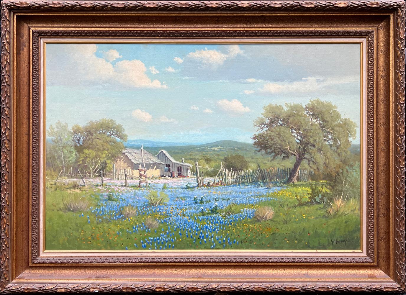 G. Harvey Landscape Painting - "OLD HOMESTEAD" TEXAS HILL COUNTRY BLUEBONNETS, OLD GERMAN SHACK 32x44 FRAMED