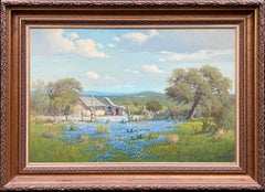 "OLD HOMESTEAD" TEXAS HILL COUNTRY BLUEBONNETS, OLD GERMAN SHACK 32x44 FRAMED
