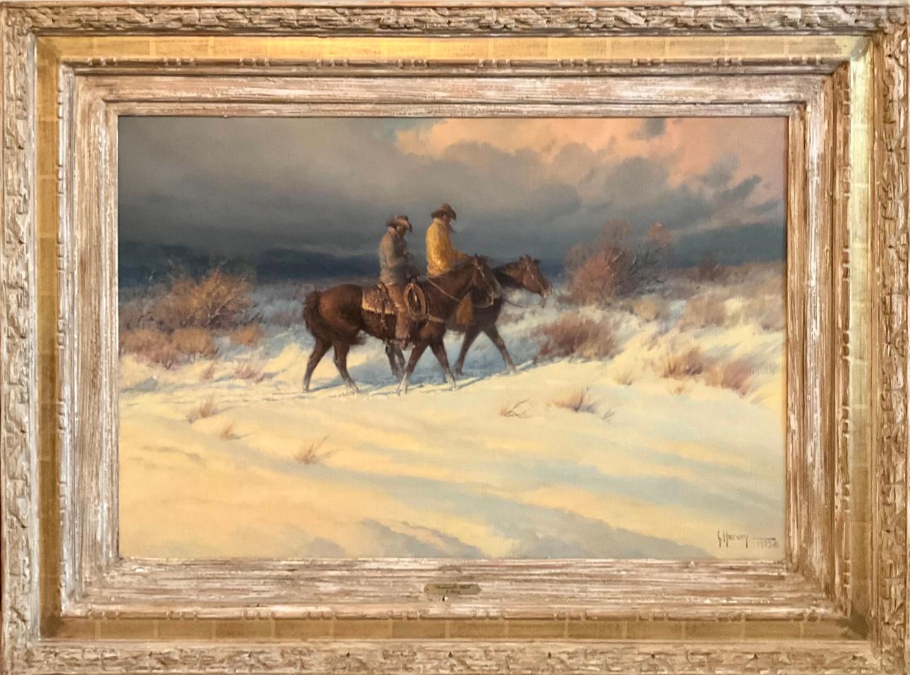 Figurative Painting G. Harvey - « PANHANDLE CHILL » G. HARVEY 34 X 46 FRAME TEXAS SNOW SCENE WESTERN