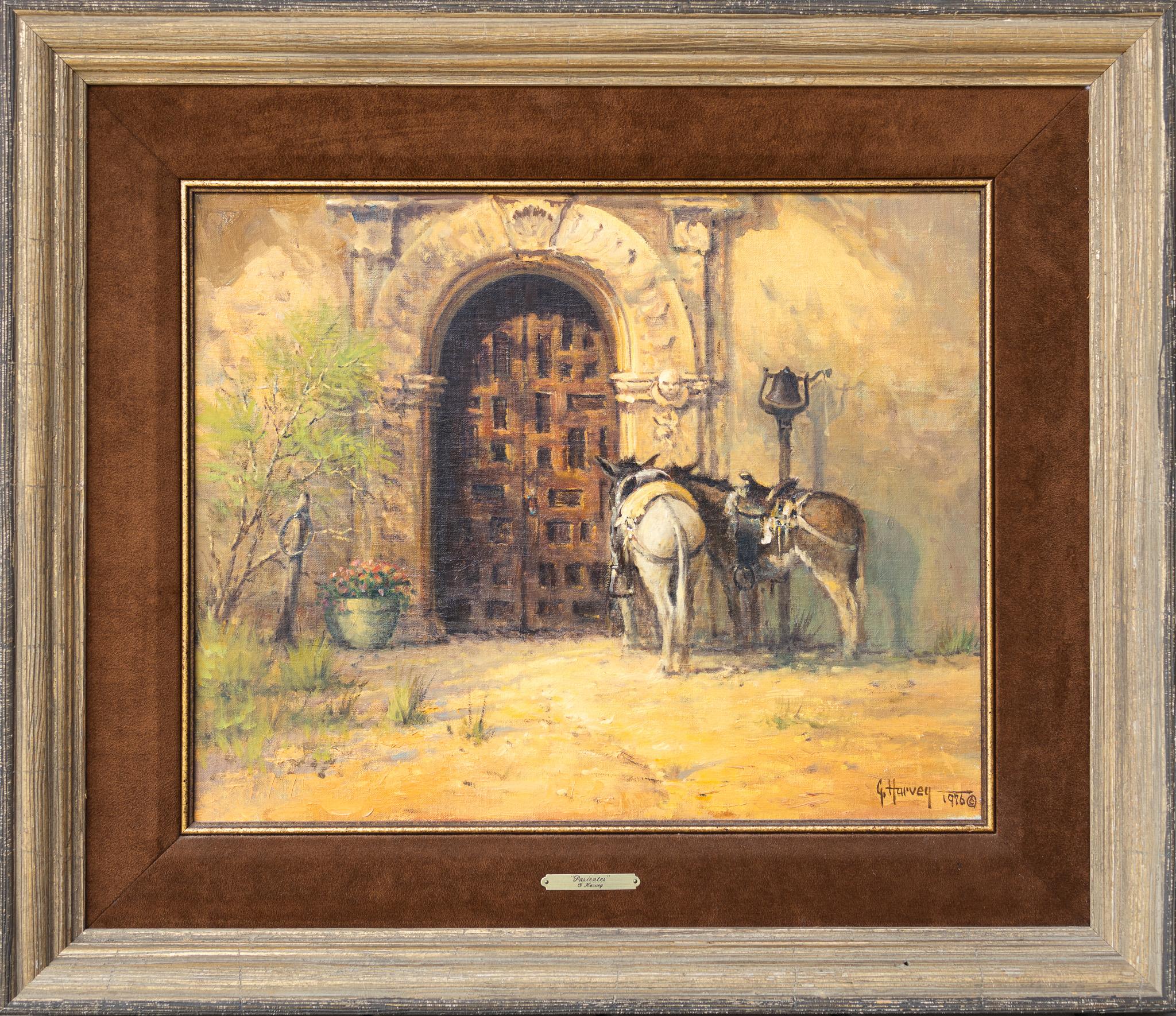 « Pasaientes » Scène occidentale avec chevaux, ânes, cloches de porte et fleurs signées par le maître - Painting de G. Harvey