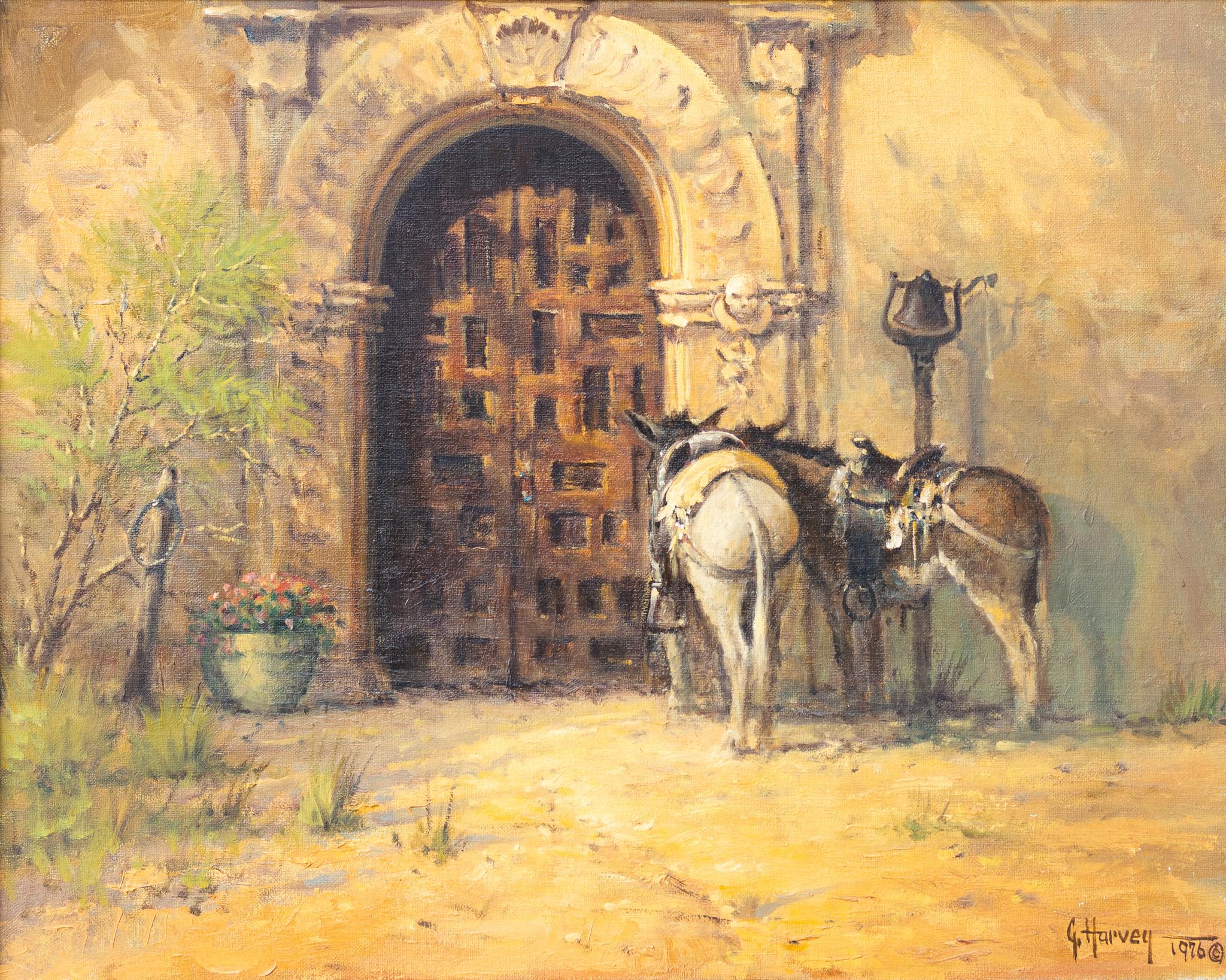 G. Harvey Landscape Painting - "Pasientes" Western Scene with Horses Donkeys Bell Door Flowers Signed Master