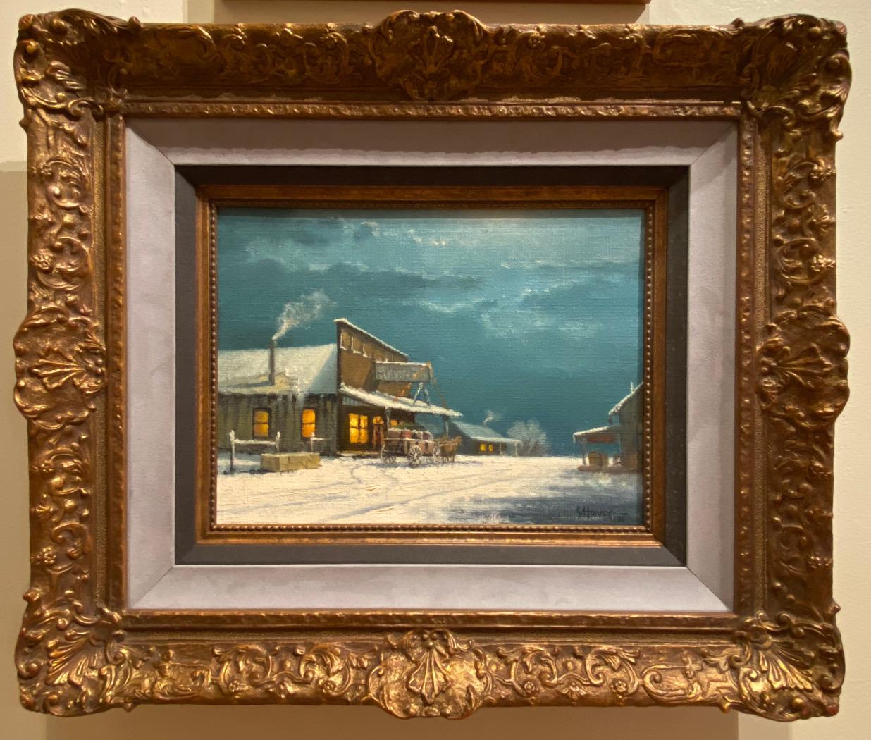 G. Harvey Landscape Painting - "PIONEER CHRISTMAS"  OLD WEST TOWN SNOW SCENE