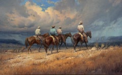 "RANCHERS REWARD"  COWBOYS, HORSEBACK,  FRAMED 41 X 59  G. HARVEY TEXAS ARTIST