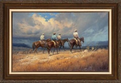 "RANCHERS REWARD"  COWBOYS, HORSEBACK,  FRAMED 41 X 59  G. HARVEY TEXAS ARTIST