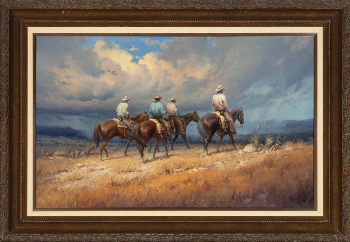 Landscape Painting di G. Harvey - "RICOMPENSA DEI RANCHERS" G. HARVEY, A.G. JONES COWBOYS WESTERN 41 X 59 INCORNICIATO WOW!